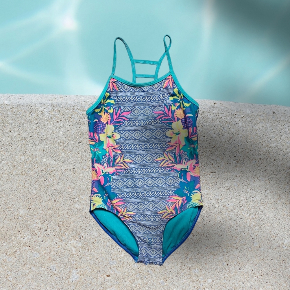 Wonder Nation Floral Blue One Piece Swimsuit Size Medium 7/8 Girls - Picture 1 of 8